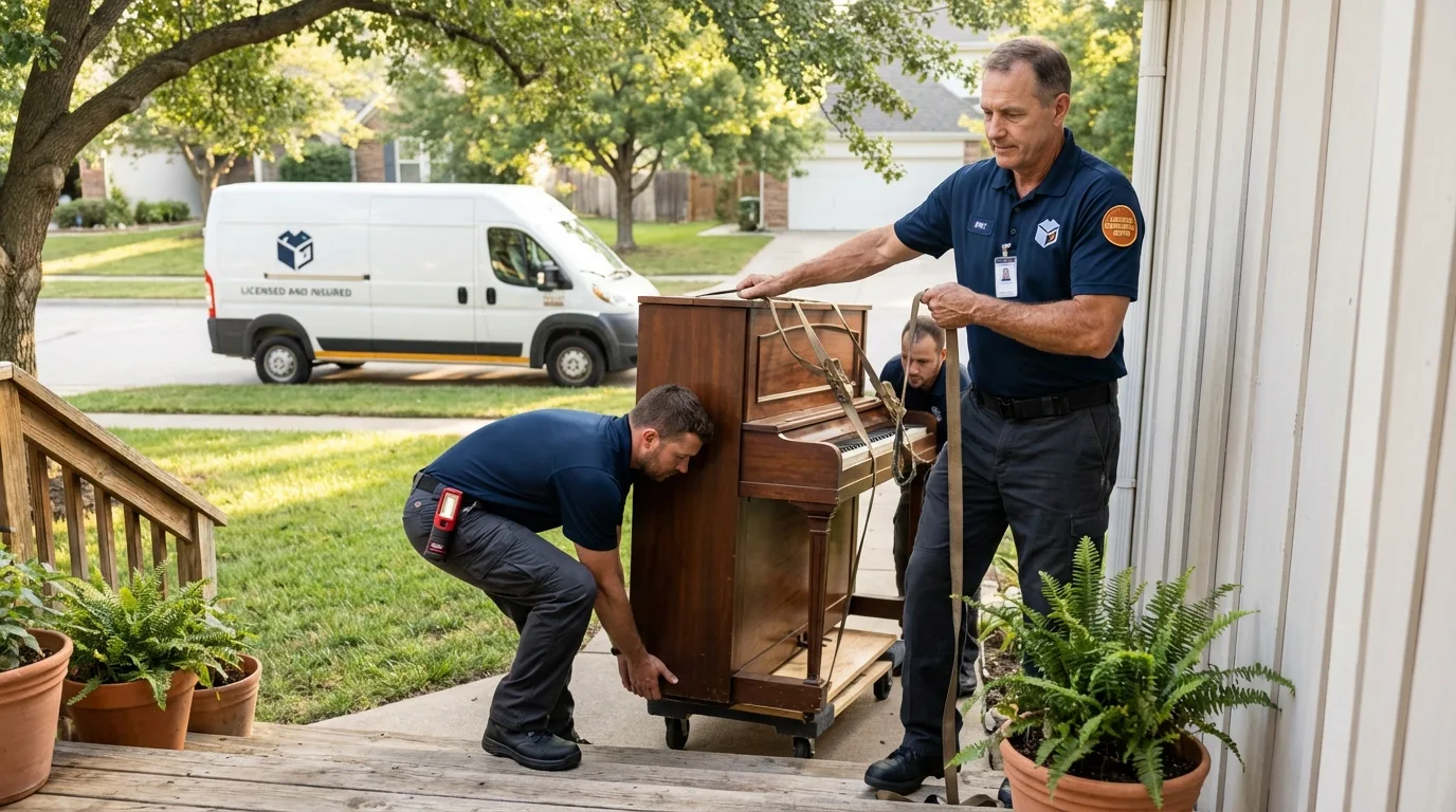 Licensed piano movers securing grand piano in Abingdon, VA