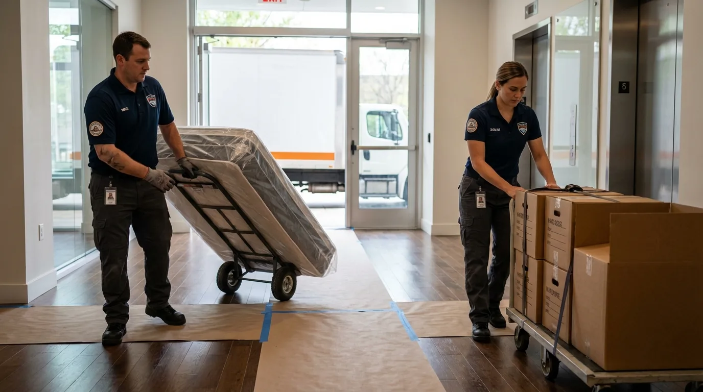 Professional apartment movers loading elevator in Abingdon, VA